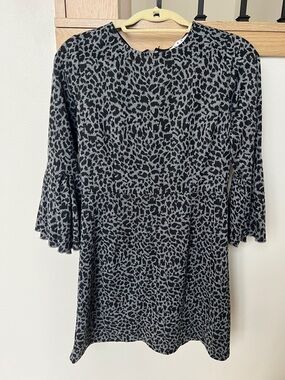Gray and Black Leopard Print Bell Sleeve Dress